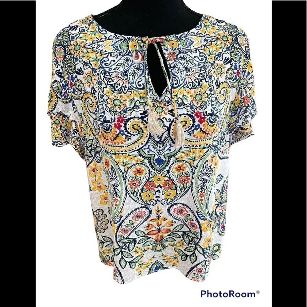 Rafaella colorful print blouse with double flutter sleeves,  keyhole tassel tie